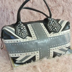 Large Black Grey Faux Leather Silver Stud Tote Bag